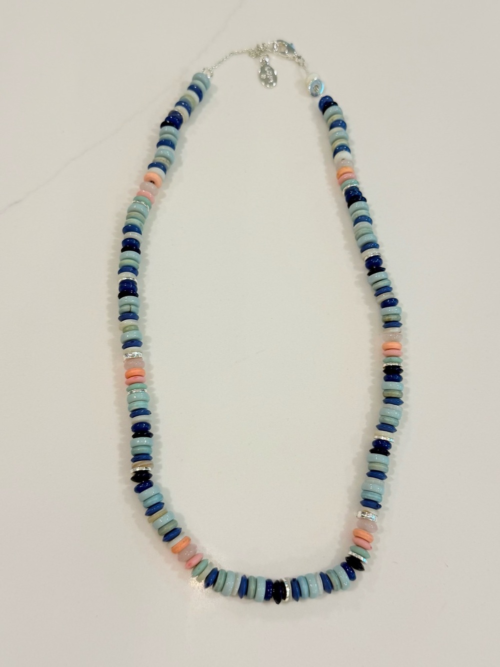 LOFT Pastel Blue, Navy & Coral Disc Beaded Necklace